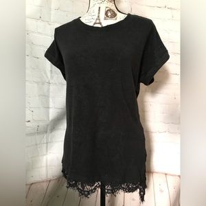 Soft and Cozy Black Bobeau Top - High Low with Lace Trim,  Cuffed Short Sleeves